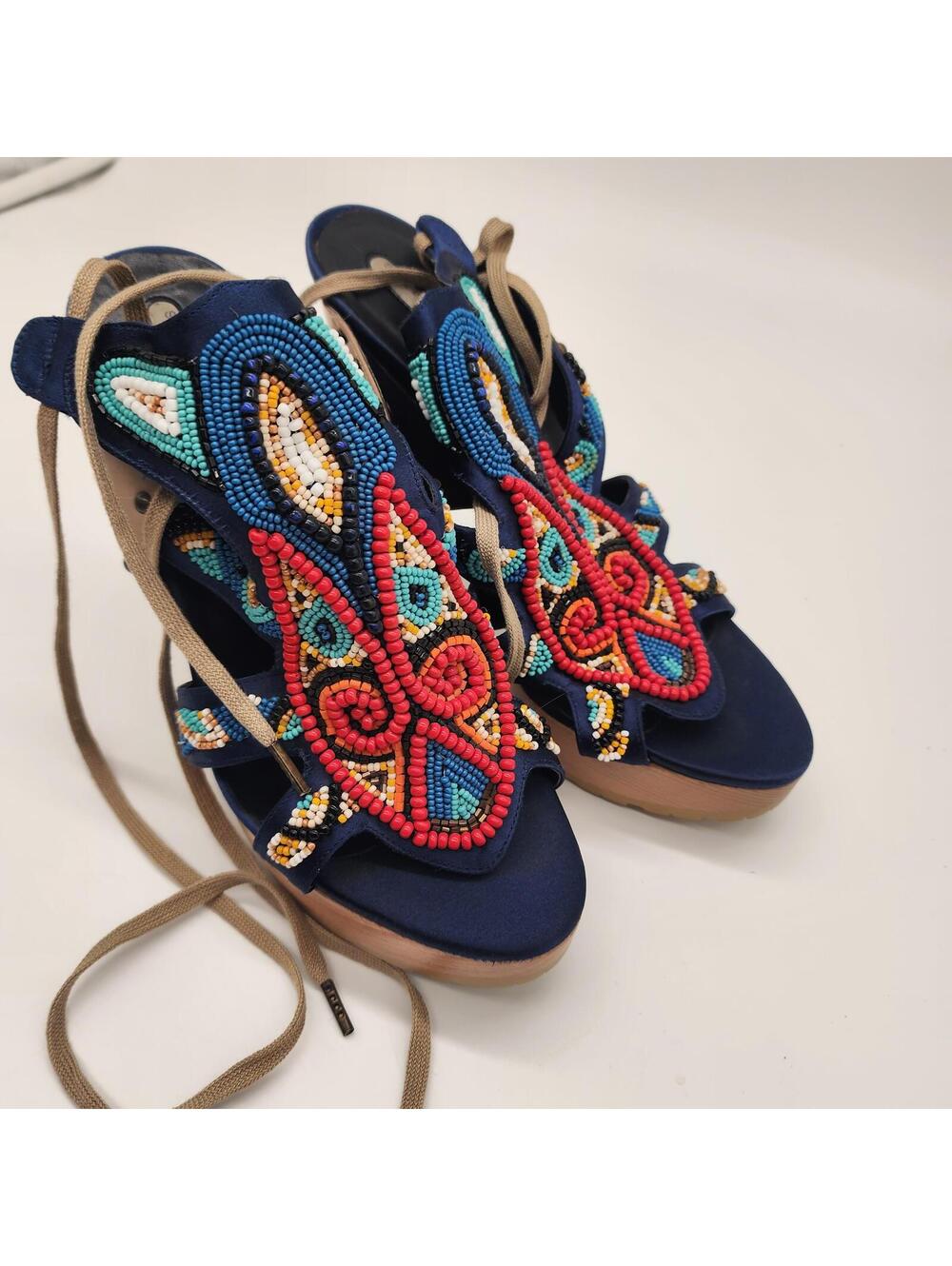 Stella McCartney Multi Color Beaded Blue Satin High Leg Lug Sole Sandal Sz 36.5 - Picture 7 of 8